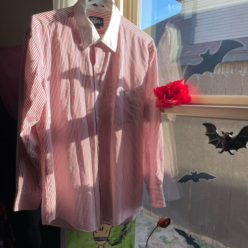 Blair red and white striped long sleeve button down shirt